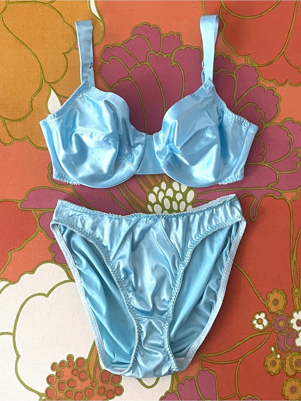 Vintage Delicates Body Satin Underwire Bra and Hi Cut Panty Set, Baby Blue